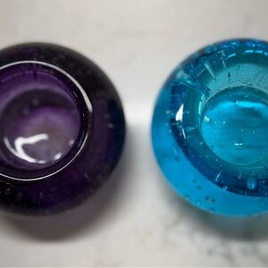 Pair of Glass Votive Candle Holders Bubbles Polished Blue and Purple